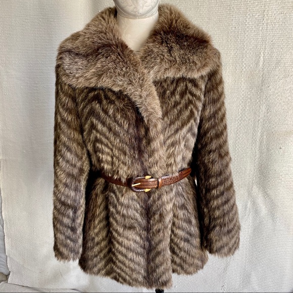 Vintage Jackets & Blazers - Vintage 60s 70s Faux Fur Chevron Striped Coat
